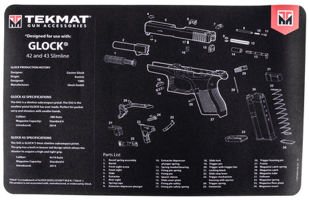 TekMat TEKR17GLOCK4243 Glock 42/43 Cleaning Mat 11"x17" Black/White Rubber