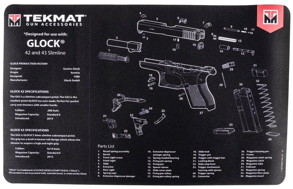 TekMat TEKR17GLOCK4243 Glock 42/43 Cleaning Mat 11"x17" Black/White Rubber