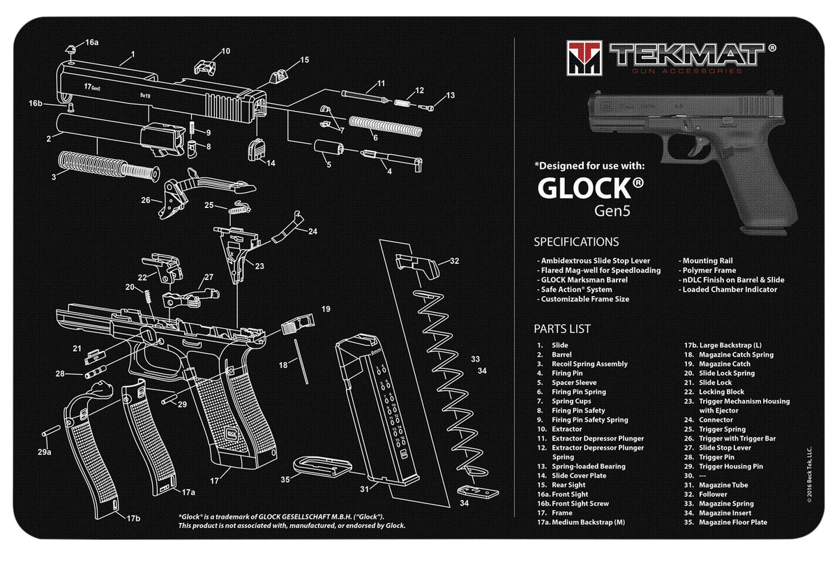 TekMat TEKR17GLOCKG5 Glock Gen5 Cleaning Mat 11"x17" Black/White Rubber