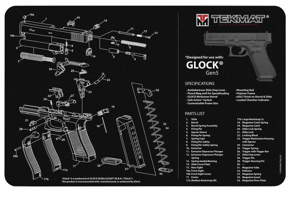 TekMat TEKR17GLOCKG5 Glock Gen5 Cleaning Mat 11"x17" Black/White Rubber