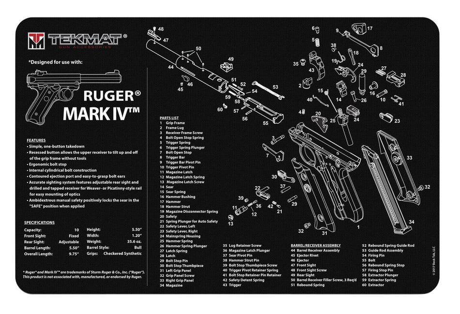 TekMat TEKR17RUGERMK4 Ruger Mark IV Cleaning Mat 11"x17" Black/White Rubber