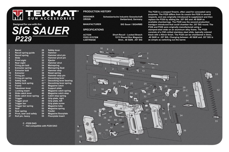 TekMat TEKR17SIGP229 Sig P229 Cleaning Mat 11"x17" Black/White Rubber