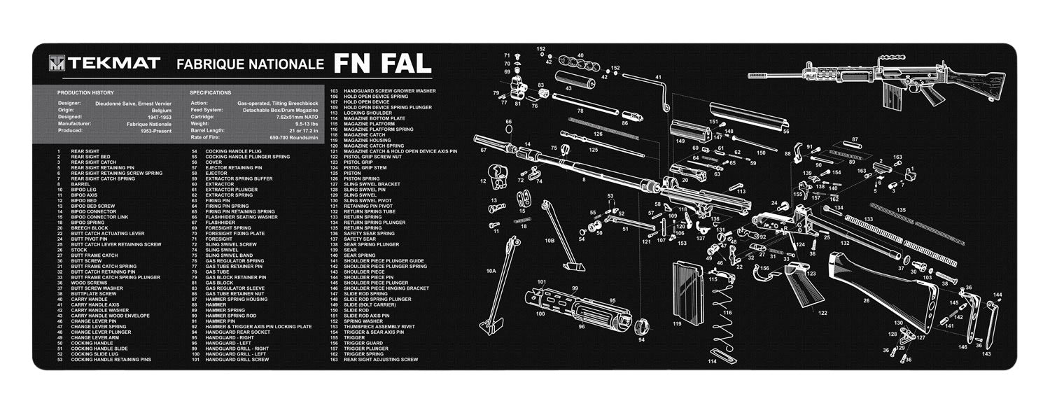 TekMat TEKR36FNFAL FN-FAL Cleaning Mat 12"x36" Black/White Rubber with Parts Diagram