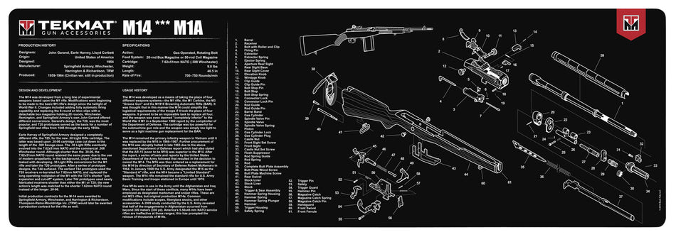 TekMat TEKR36M14 Springfield M1A Cleaning Mat 12x36 Inch Rubber with Parts Diagram