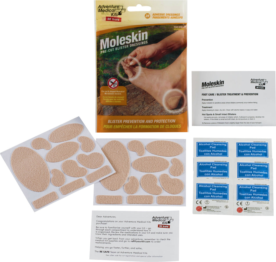 Adventure Medical Kits Moleskin Blister Prevention Pads Brown 22 Die-Cut Shapes with Alcohol Wipes