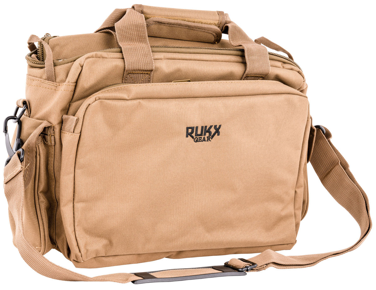 Rukx Gear Tactical Range Bag Water Resistant Tan 600D Polyester with Handgun Pocket