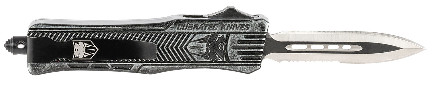 CobraTec CTK-1 Small 2.75" OTF Part Serrated Dagger D2 Blade Stonewashed Aluminum Handle Glass Breaker Pocket Clip