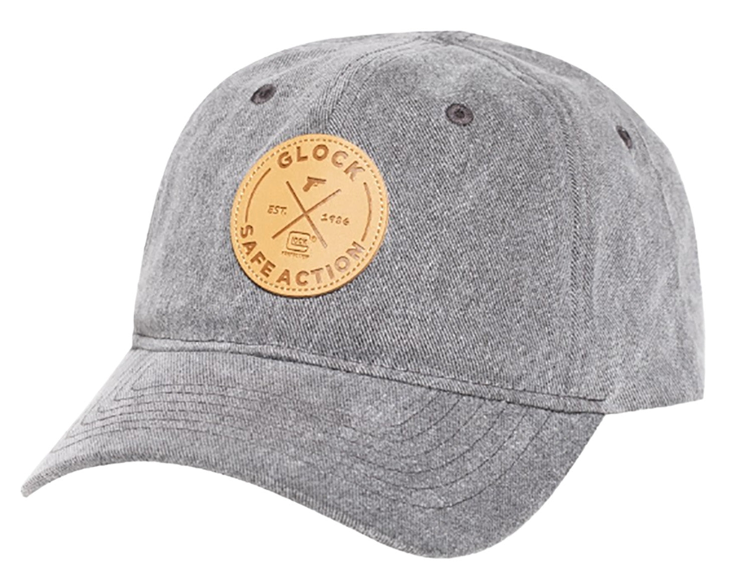 Glock Safe Action Patch Distressed Gray Denim Hat with Leather-Like Patch - Adjustable Metal Back (AP95882)