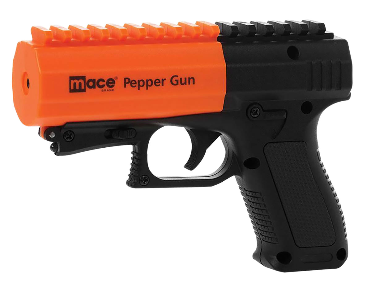 Mace Pepper Gun 2.0 OC Pepper UV Dye 7-Burst 20 ft Range Black/Orange LED