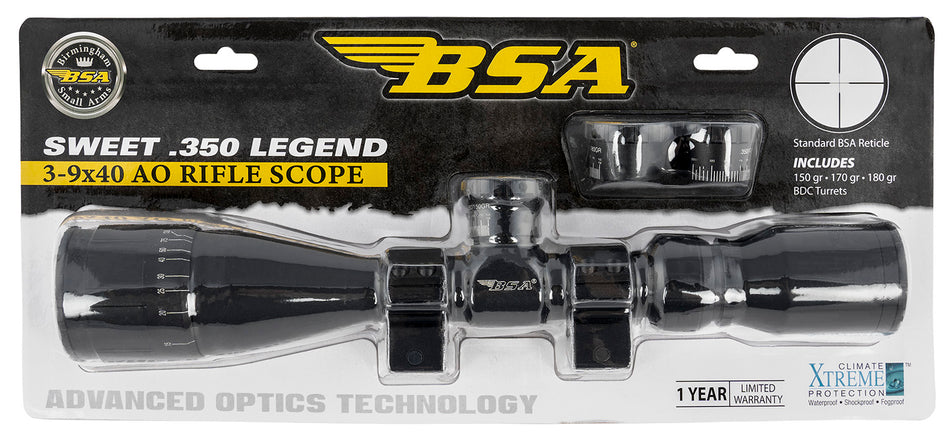BSA 35039X40AOWRTB Sweet 350 Legend AO 3-9x40mm Black Matte Scope with 30/30 Reticle