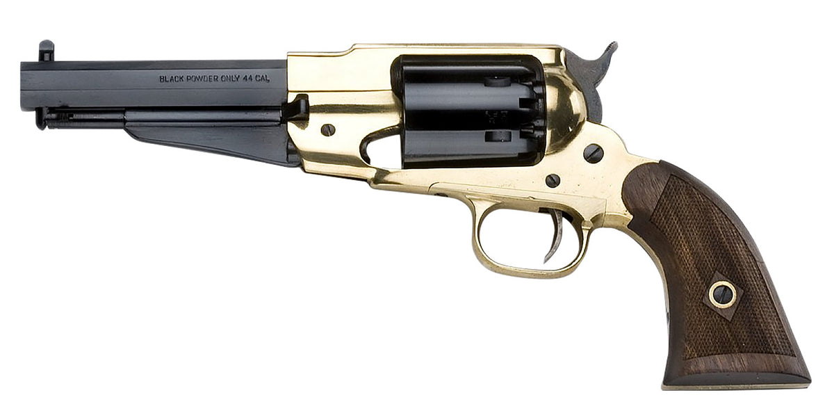 Pietta PF58BR44512 1858 Remington Brass Sheriff .44 Cal 6-Shot 5.50in Blued Octagonal Barrel & Cylinder Revolver, Checkered Walnut Grip