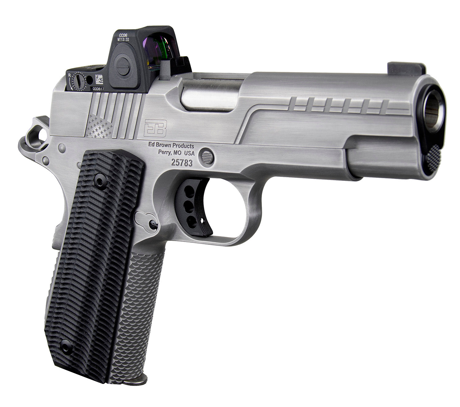 Ed Brown FX2SS FX2 45 ACP 7+1 4.25" Recessed Crown Barrel, Stainless Steel Engraved American Flag/Serrated Slide, Stainless Steel Frame, Trijicon RMRcc 3.25 MOA Sight