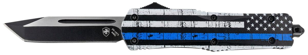 Templar LBTB231 Gen II Back The Blue Large 3.50" OTF Tanto 440C Stonewashed Blade Blue Line Aluminum Handle Glass Breaker