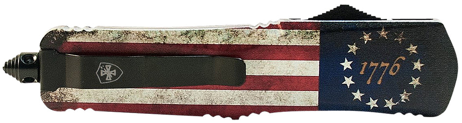 Templar SBRF331 Gen II Betsy Ross Flag Small 2.69" OTF Drop Point Plain 440C SS Blade Black Oxide Stonewashed, 4.31" Flag Aluminum Handle Glass Breaker