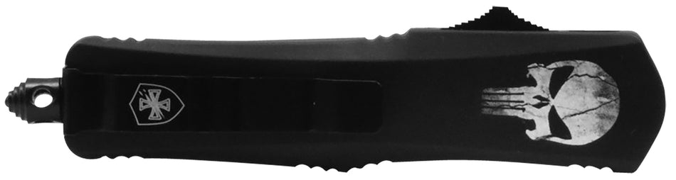 Templar MFL231 Gen II Fallen Slim OTF Tanto Knife 3.43" Stonewashed 440C SS Blade, 5.05" Black w/Skull Aluminum Handle, Glass Breaker