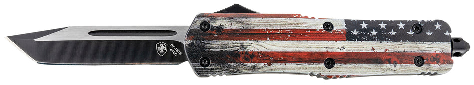 Templar LWUS231 Gen II Large OTF Tanto Knife 3.50" Stonewashed 440C SS Blade, 5.25" Wood Grain US Flag Aluminum Handle, Glass Breaker