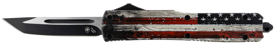 Templar MWUS231 Gen II Wood US Flag Slim OTF Tanto Knife 3.43" Stonewashed 440C SS Blade, 5.05" Painted Wood Grain US Flag Aluminum Handle, Glass Breaker