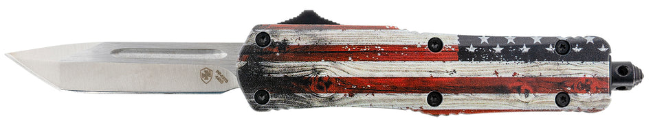Templar SWUS232 Gen II Small 2.69" OTF Tanto Plain 440C SS Blade, 4.31" Painted Wood Grain US Flag Aluminum Handle & Glass Breaker