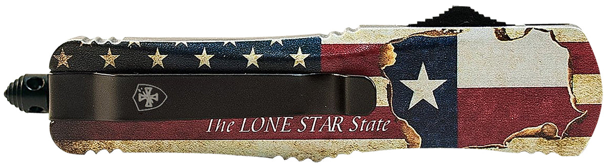 Templar LTX631 Gen II Texan Large OTF Drop Point Knife 3.50" Stonewashed 440C SS Blade, 5.25" Texas Flag Aluminum Handle, Glass Breaker