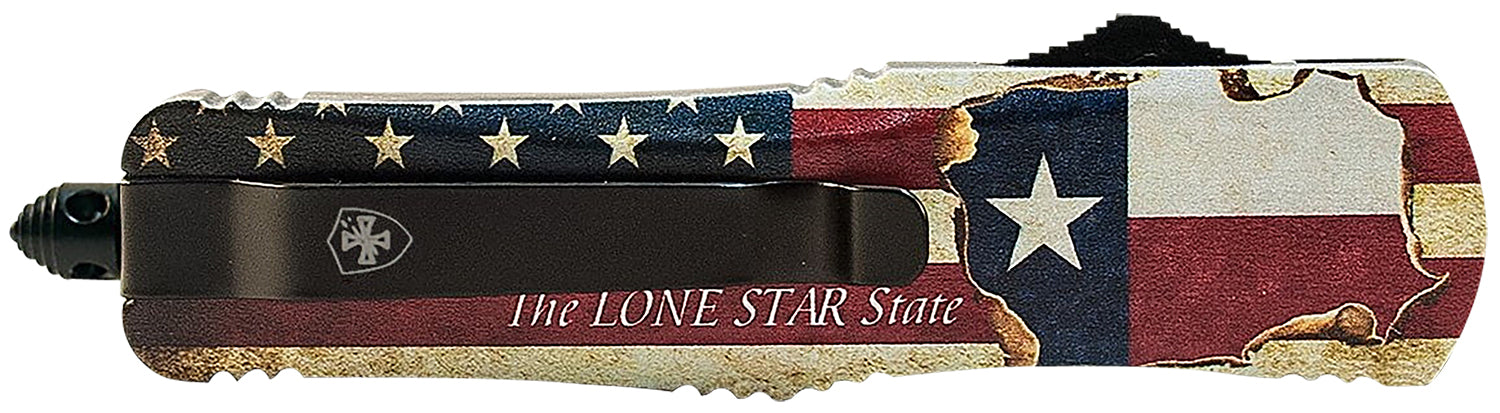 Templar LTX631 Gen II Texan Large OTF Drop Point Knife 3.50" Stonewashed 440C SS Blade, 5.25" Texas Flag Aluminum Handle, Glass Breaker