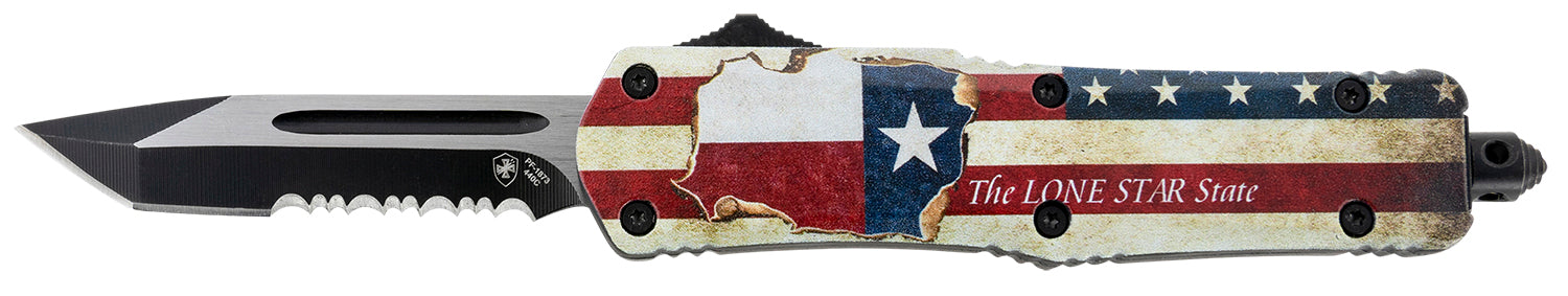 Templar STX531 Gen II Texan Small OTF Tanto Knife 2.25" Stonewashed 440C SS Blade, 4.31" Texas Flag Aluminum Handle, Glass Breaker