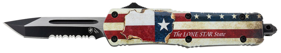 Templar STX531 Gen II Texan Small OTF Tanto Knife 2.25" Stonewashed 440C SS Blade, 4.31" Texas Flag Aluminum Handle, Glass Breaker