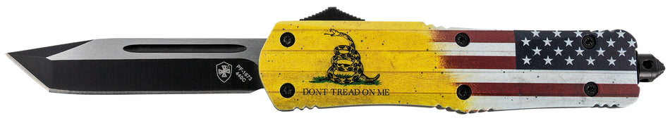 Templar LDTOM231 Gen II Don't Tread On Me Large OTF Tanto Knife 3.50" Stonewashed 440C SS Blade, 5.25" Yellow Flag Aluminum Handle, Glass Breaker