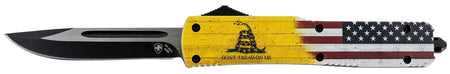 Templar MDTOM331 Gen II Don't Tread On Me Slim OTF Drop Point Knife 3.50" Stonewashed 440C SS Blade, 5.05" Yellow Flag Aluminum Handle, Glass Breaker