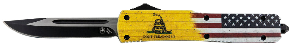 Templar MDTOM331 Gen II Don't Tread On Me Slim OTF Drop Point Knife 3.50" Stonewashed 440C SS Blade, 5.05" Yellow Flag Aluminum Handle, Glass Breaker