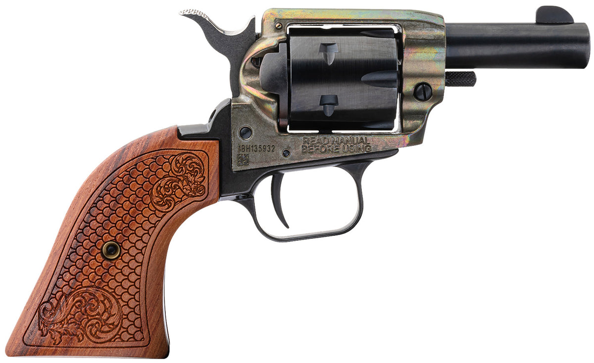 Heritage Mfg BK22CH2WBRN10 Barkeep 22 LR 6 Shot, 2.67" Black Oxide Steel Barrel, Simulated Case Hardened Zinc Alloy Frame, Black Oxide Cylinder, Custom Scroll Wood Grip, Manual Safety, Exposed Hammer