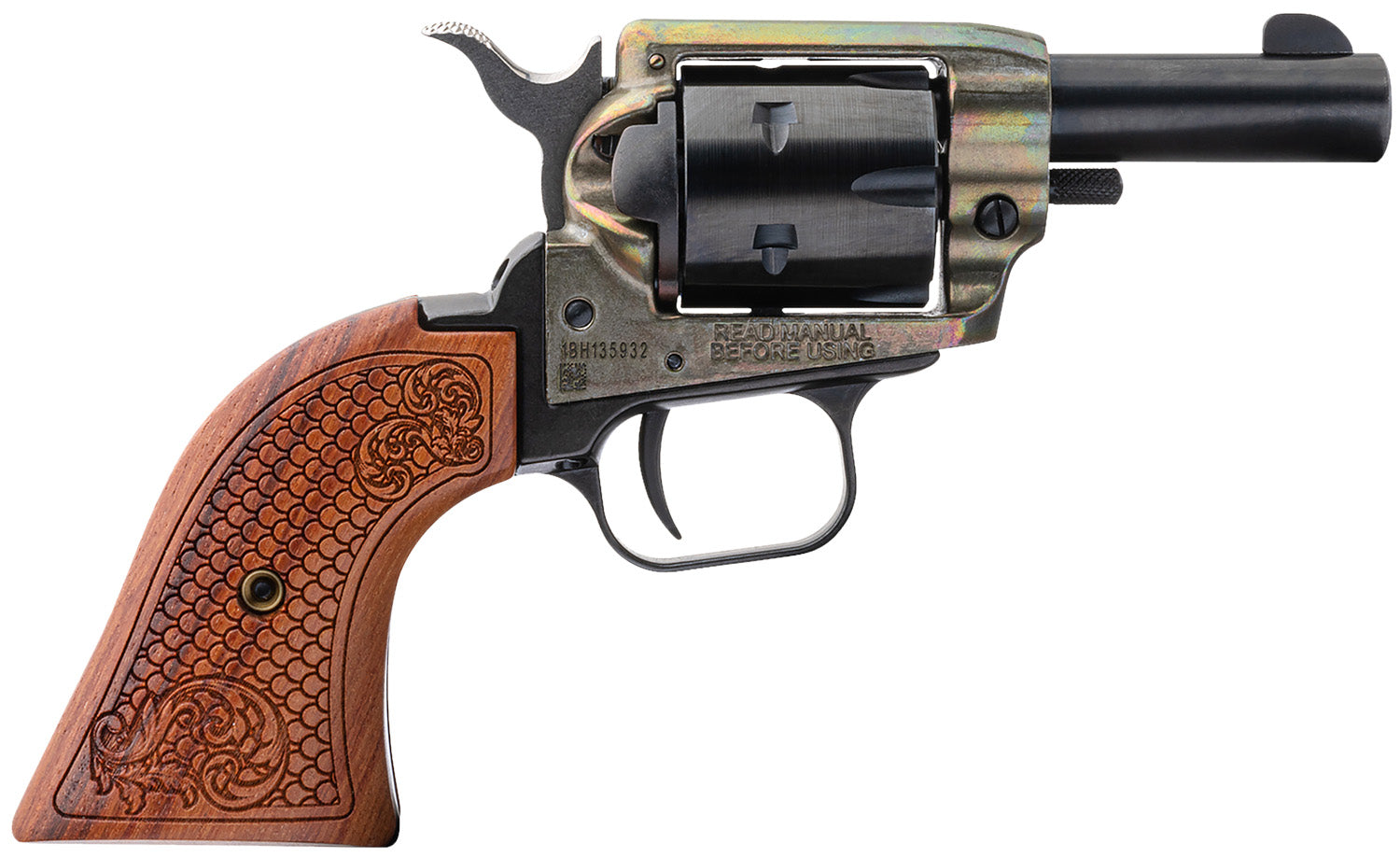 Heritage Mfg BK22CH2WBRN10 Barkeep 22 LR 6 Shot, 2.67" Black Oxide Steel Barrel, Simulated Case Hardened Zinc Alloy Frame, Black Oxide Cylinder, Custom Scroll Wood Grip, Manual Safety, Exposed Hammer