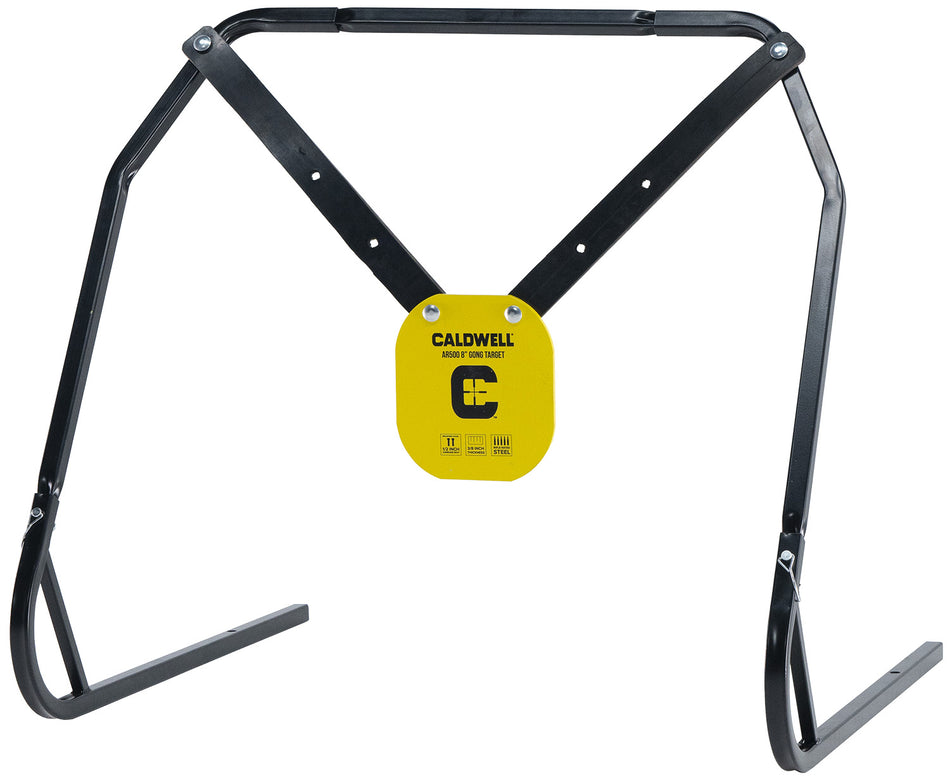 Caldwell AR500 Steel 8" Gong Target and Collapsible Stand Combo with XL Strap Hangers Yellow