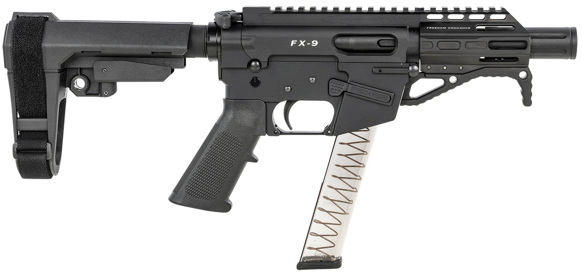 Freedom Ordnance FX9P4S 9mm Luger 4" Pistol - Black, SBA3 Brace, Faux Suppressor