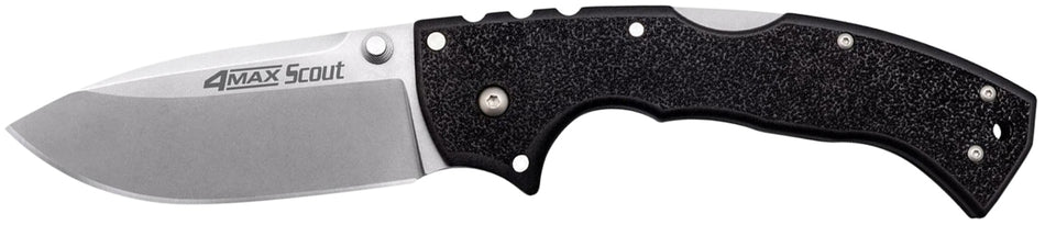 Cold Steel 4-Max Scout CS62RQ 4" Folding Stone Washed AUS-10A SS Blade, Black Griv-Ex Handle Stainless Steel Liners & Clip