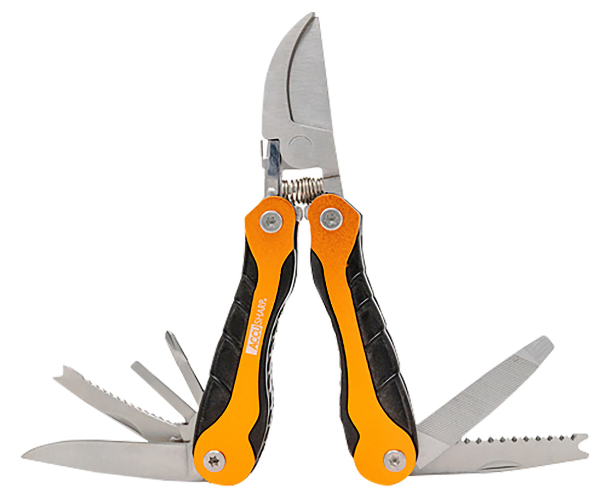 AccuSharp 085C Folding Sportsman's Multi-Tool Black/Orange - Pruner, Saw, Hook Remover & Nylon Belt Clip Case