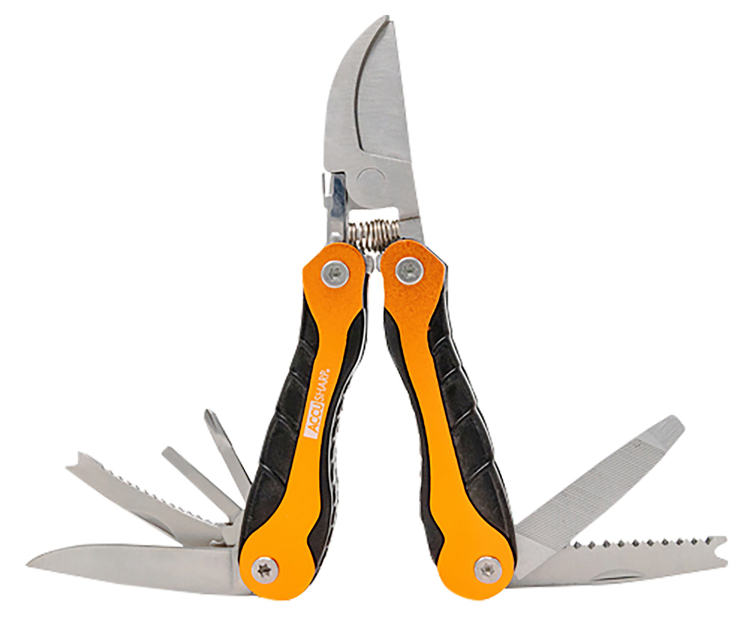 AccuSharp 085C Folding Sportsman's Multi-Tool Black/Orange - Pruner, Saw, Hook Remover & Nylon Belt Clip Case