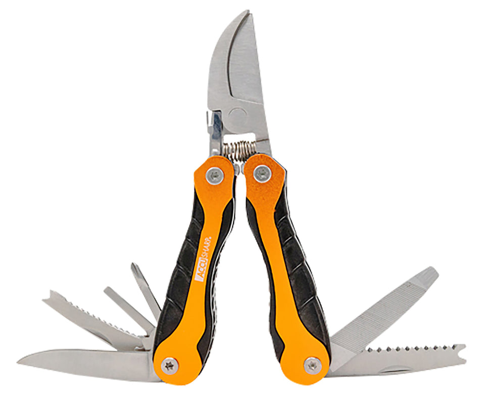 AccuSharp 085C Folding Sportsman's Multi-Tool Black/Orange - Pruner, Saw, Hook Remover & Nylon Belt Clip Case