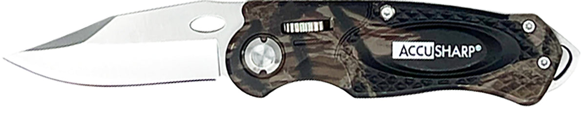 AccuSharp 704C 3" Folding Sport Knife - Camo Anodized Aluminum Handle with Glass Breaker and Belt Clip