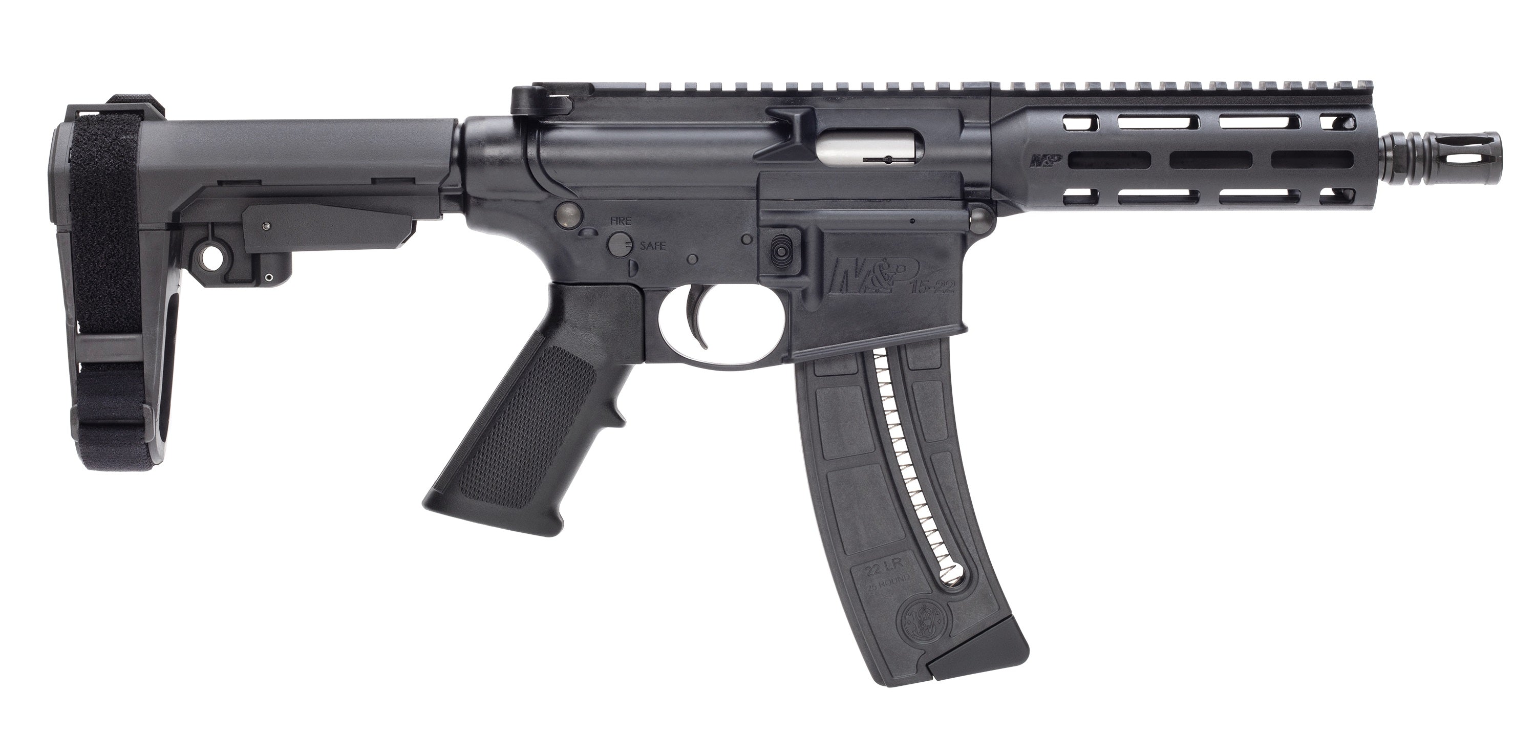 Smith & Wesson 13321 M&P15 Pistol 22 LR 8" Black Carbon Steel Barrel 25+1, Black SB Tactical SBA3 Adjustable Arm Brace Stock, Black Magpul MOE Grip, Manual Safety, Optics Ready