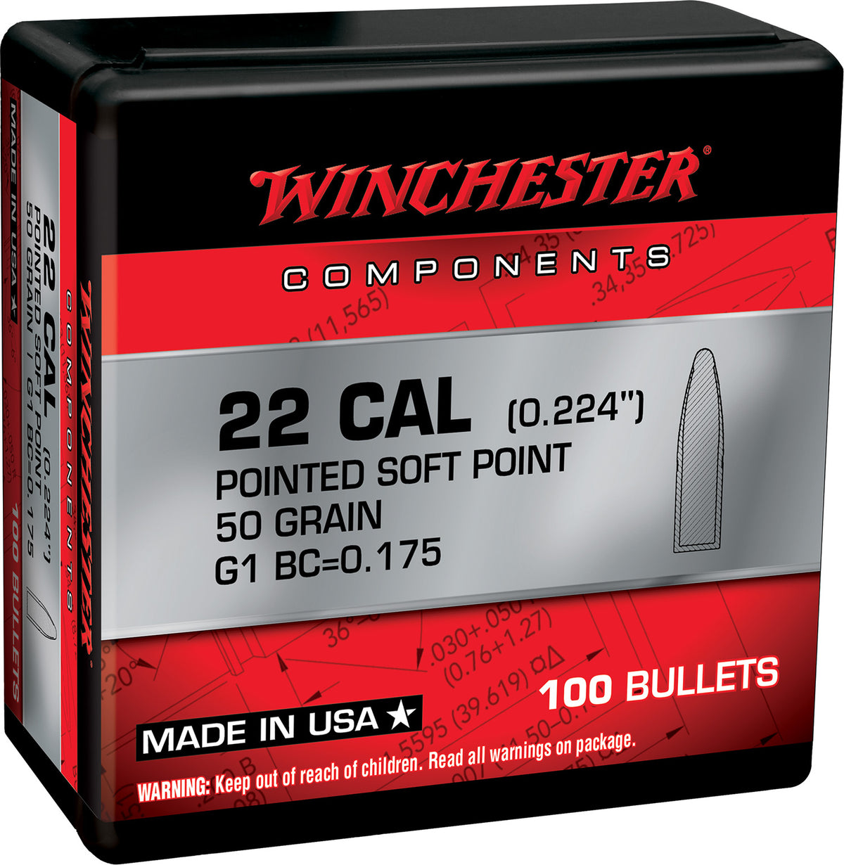 Winchester 222 Rem 50gr Pointed Soft Point Bullets for Reloading 100-Count