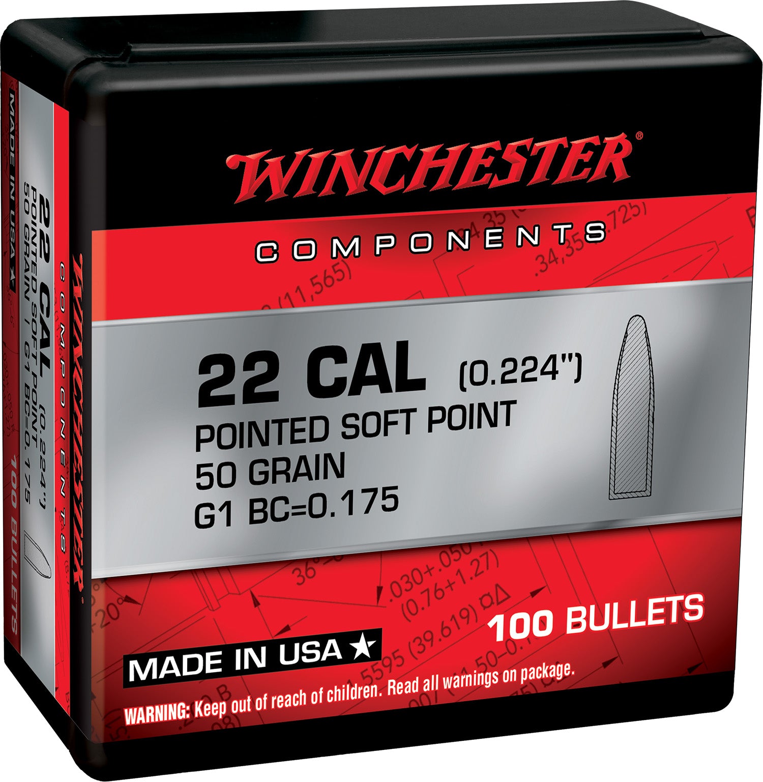 Winchester 222 Rem 50gr Pointed Soft Point Bullets for Reloading 100-Count