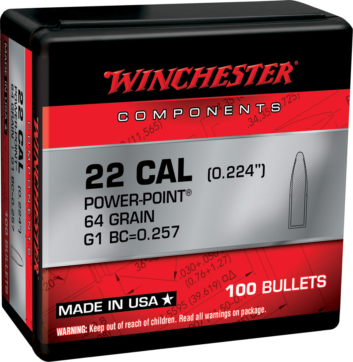 Winchester 223 Rem 64gr Power Point Bullets for Reloading 100-Count