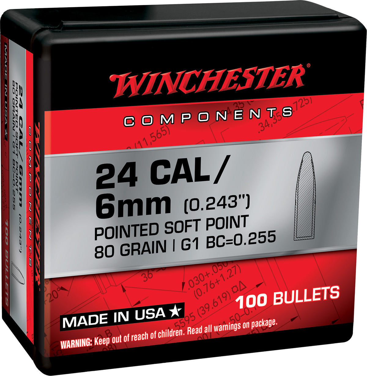 Winchester 243 Win 80gr Pointed Soft Point Bullets for Reloading 100-Count