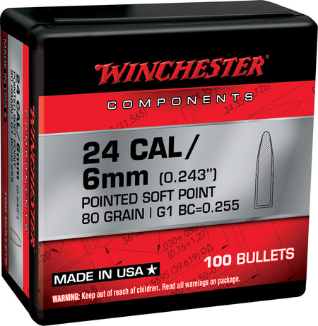 Winchester 243 Win 80gr Pointed Soft Point Bullets for Reloading 100-Count