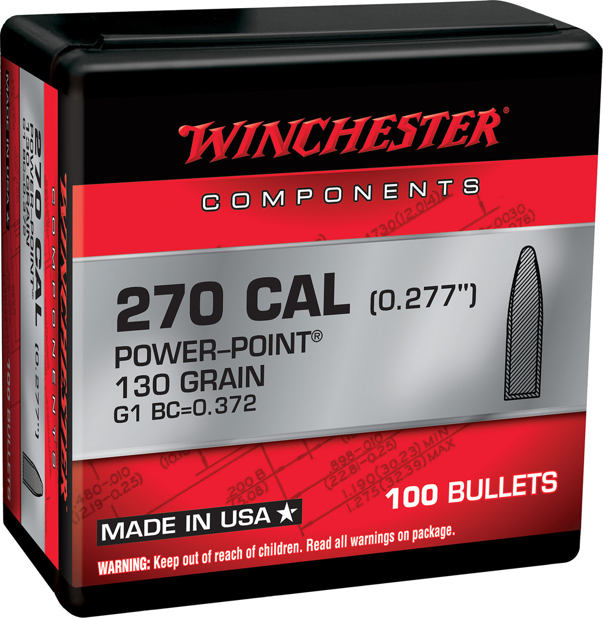 Winchester 270 Win 130gr Power Point Bullets for Reloading 100-Count