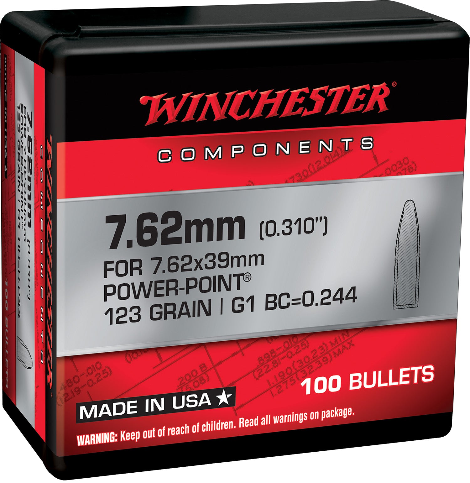 Winchester 7.62mm 123gr Power Point Bullets for Reloading 100-Count