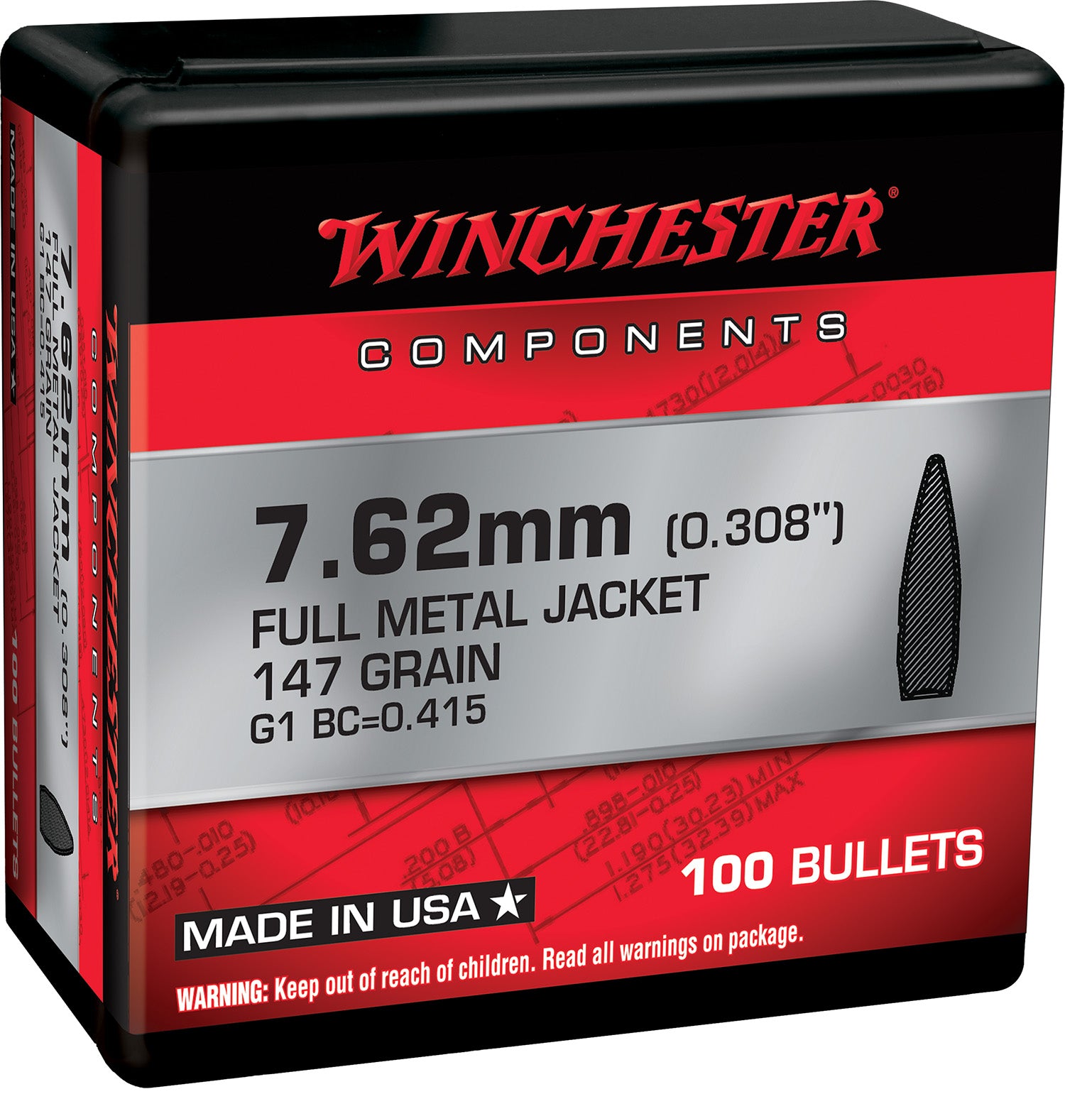 Winchester 7.62mm 147gr FMJ Boat Tail Reloading Component Bullets Box of 100