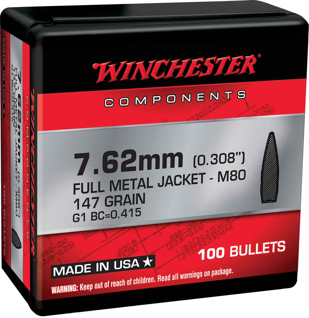 Winchester 7.62x51mm NATO 147gr Full Metal Jacket Reloading Component Bullets Box of 100