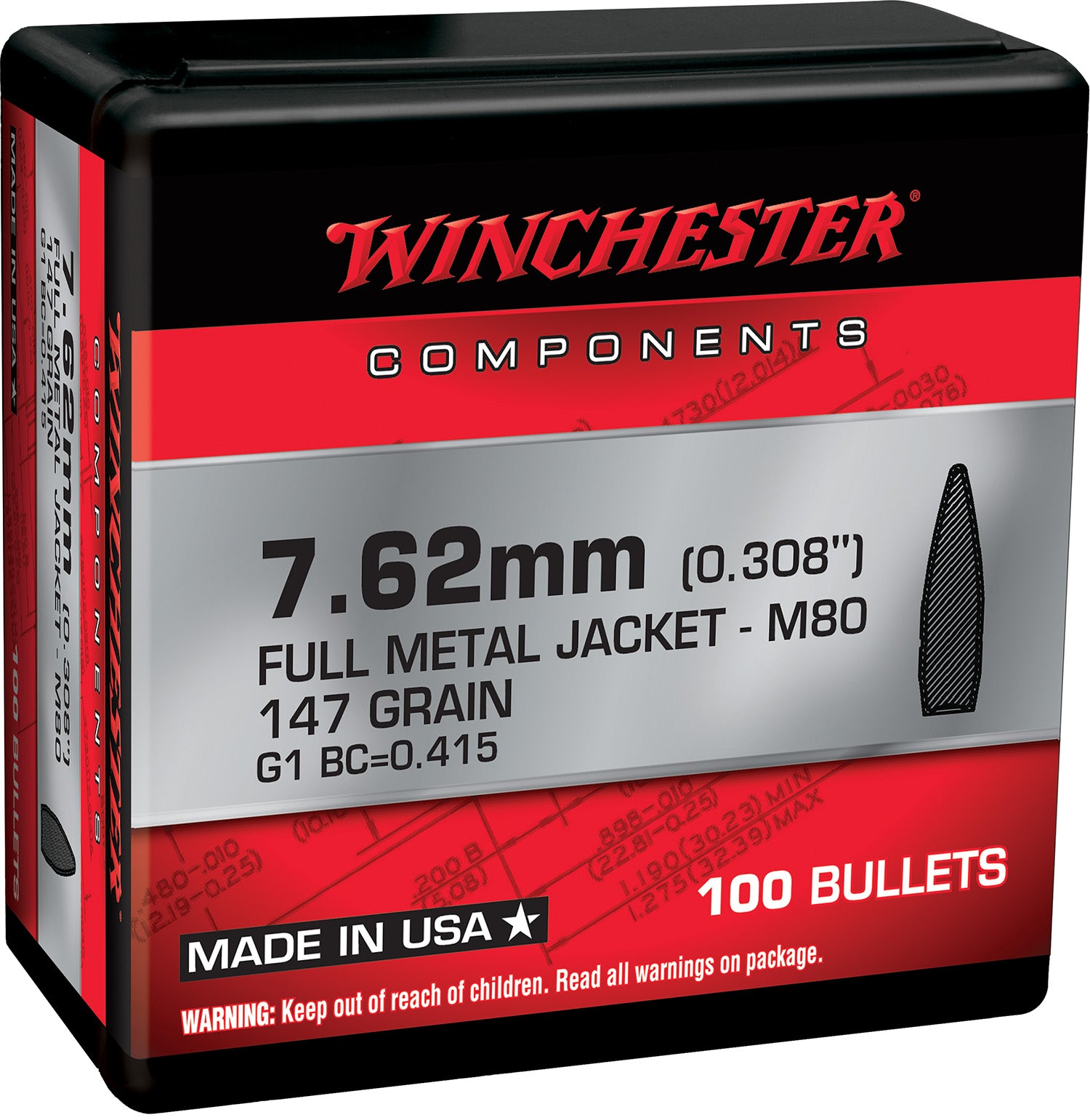 Winchester 7.62x51mm NATO 147gr Full Metal Jacket Reloading Component Bullets Box of 100