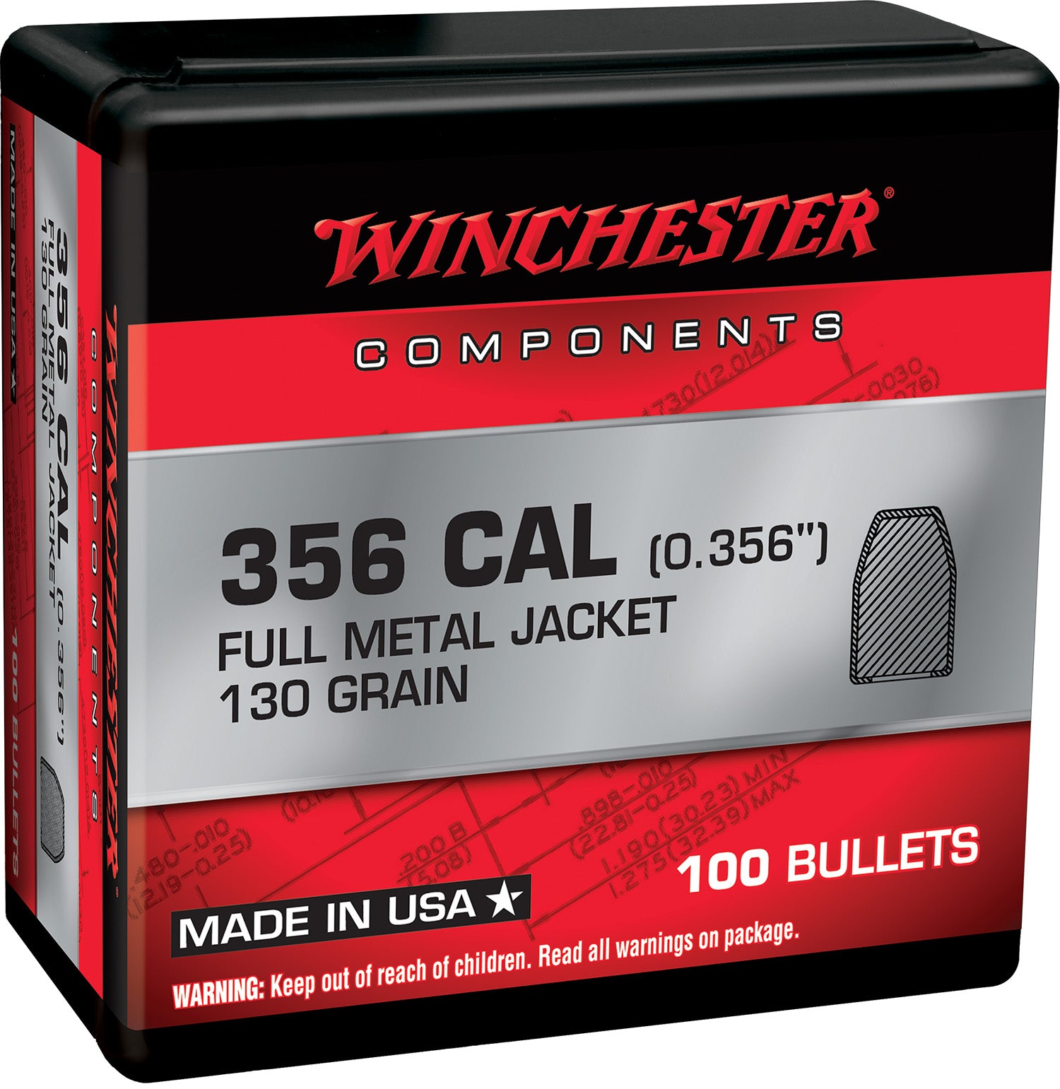 Winchester 38 Cal 130gr Full Metal Jacket Handgun Reloading Component Bullets Box of 100